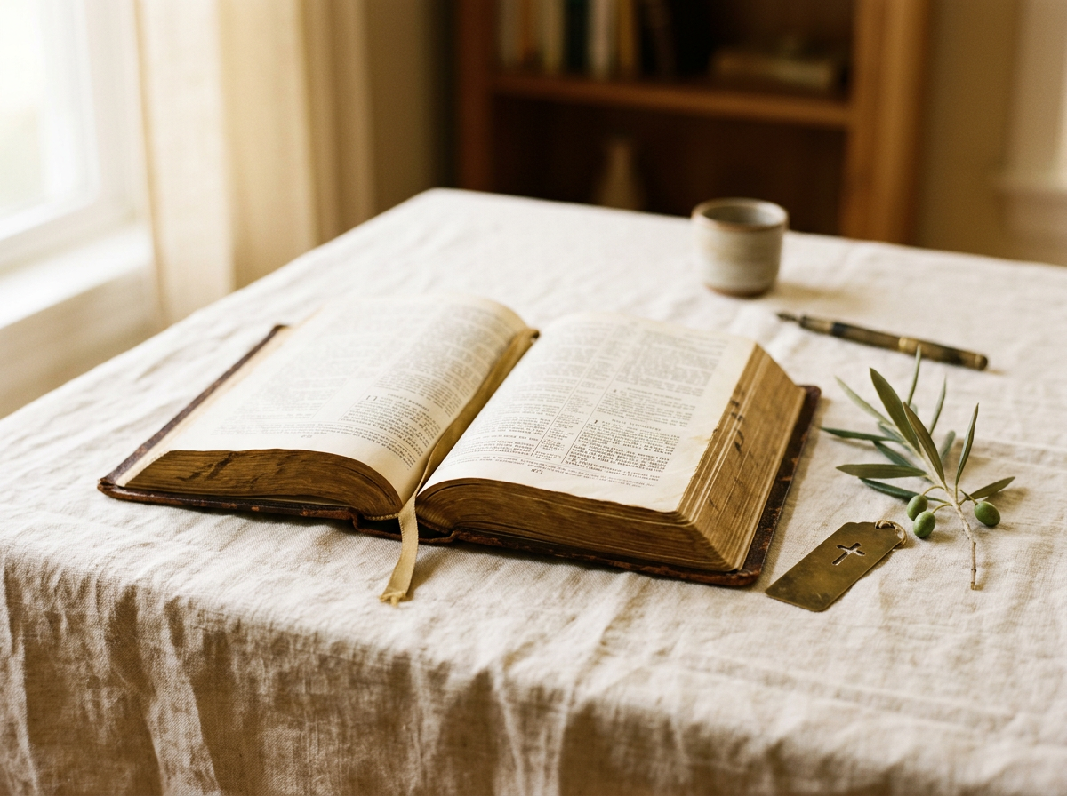 An open Bible illuminated by warm morning light